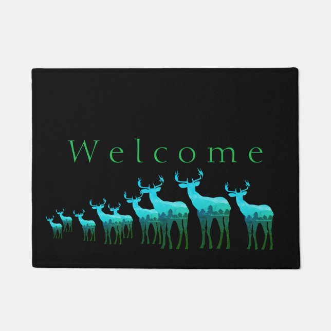 Doormat-Blue-Green Deer/Elk Welcome ドアマット (正面)