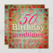 Dosドットピンク |レトロバブル50th誕生日パーティー 招待状 (正面/裏面)