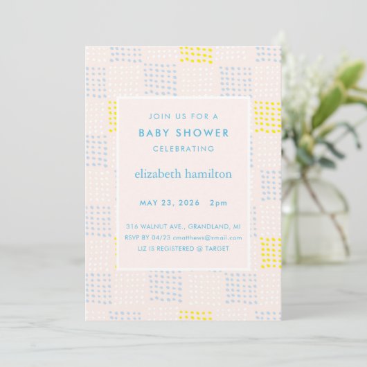 Dots & Squares Pink & Blue Baby Shower Invitation 招待状 (スタンド正面)