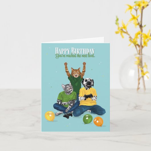 Dotty犬と子猫ビデオゲーム次のレベル誕生日 カード (黄色い花)