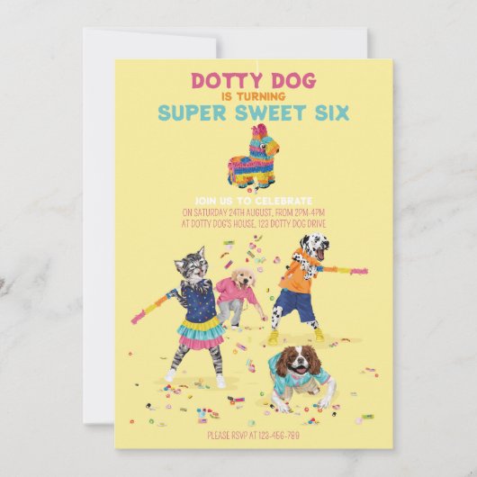 Dotty Dog Pinataすごい Sweet Six Birthday Party 招待状 (正面)