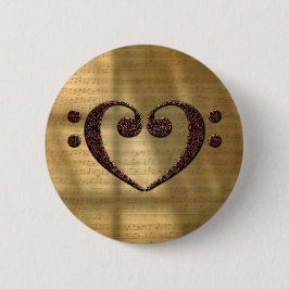 Double Bass Clef Heart Vintage Gold Sheet Music 缶バッジ