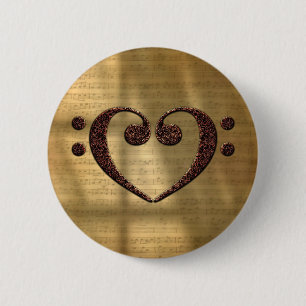 Double Bass Clef Heart Vintage Gold Sheet Music 缶バッジ