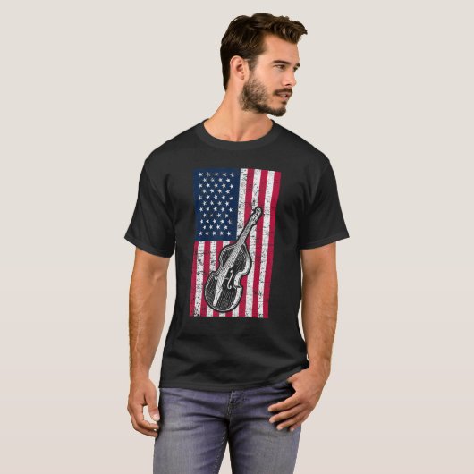 Double Bass US Flag Patriotic Double Bass Player Tシャツ (正面フル)