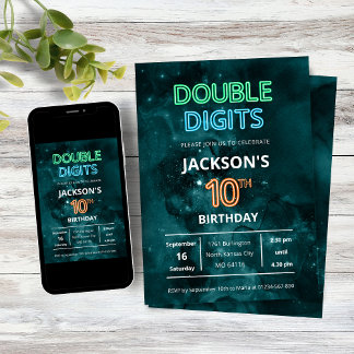 Double Digits Boys Neon Space 10th Birthday 招待状