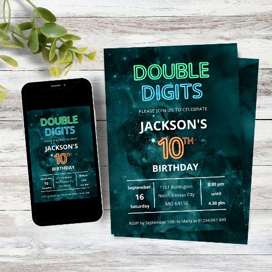 Double Digits Boys Neon Space 10th Birthday 招待状
