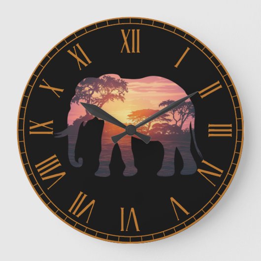 Double Exposure Elephant Silhouette Design – Savan ラージ壁時計 (正面)