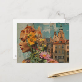 Double Exposure Lady With Flowers and Buildings ポストカード