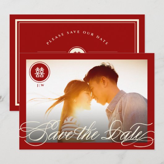 Double+Happiness+囍+Script+Chinese+Wedding+Photo セーブザデート (正面/裏面)