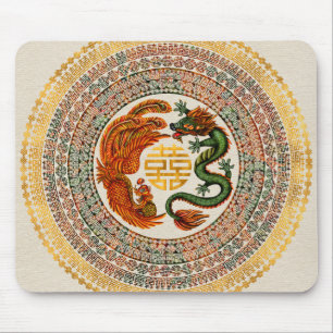 Double Happiness Symbol with Phoenix and Dragon マウスパッド