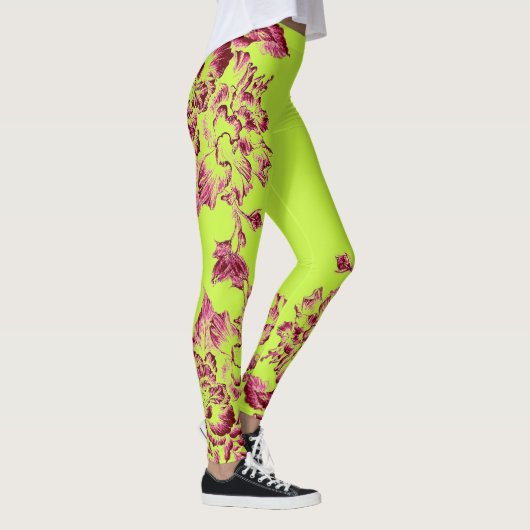 Double Hibiscus Pink on Lime  Leggings レギンス (右)
