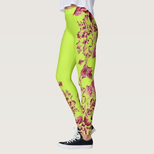 Double Hibiscus Pink on Lime  Leggings レギンス (左)