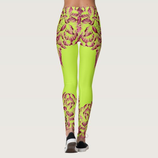 Double Hibiscus Pink on Lime Leggings レギンス (裏面)