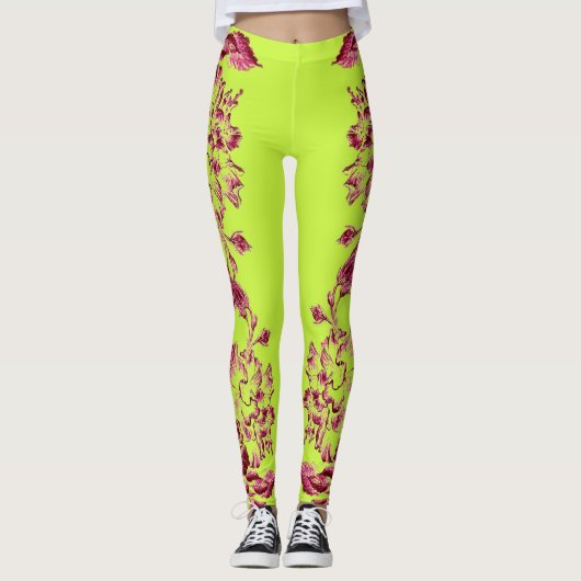 Double Hibiscus Pink on Lime  Leggings レギンス (正面)