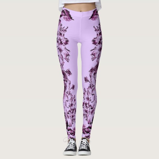 Double Hibiscus Purple on Lt Purple  Leggings レギンス (正面)