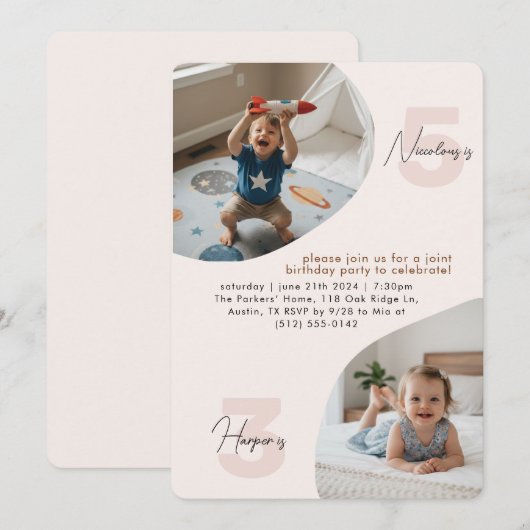 Double Joint Birthday Party Invitations Kids Photo 招待状 (正面/裏面)