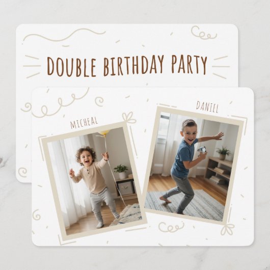 Double Kids Boys Sibling Photo Joint Birthday 招待状 (正面/裏面)