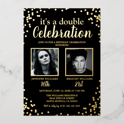 Double Photo Black Gold Birthday 箔招待状 (正面)