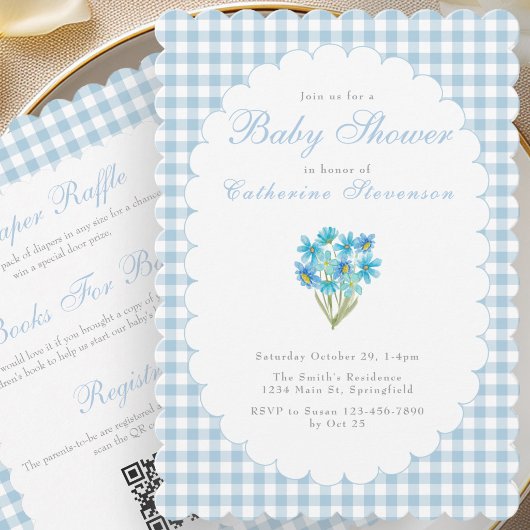 Double Sided Baby Shower Invitation Blue Flowers 招待状