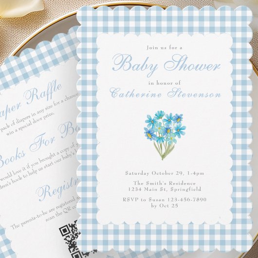Double Sided Baby Shower Invitation Blue Flowers 招待状