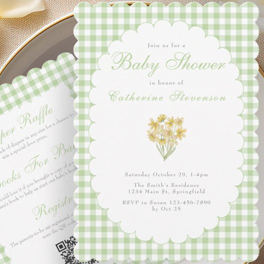 Double Sided Baby Shower Invitation Green Flowers 招待状
