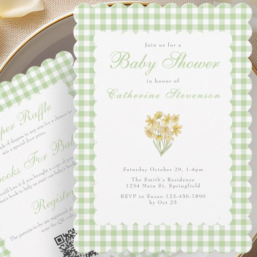 Double Sided Baby Shower Invitation Green Flowers 招待状