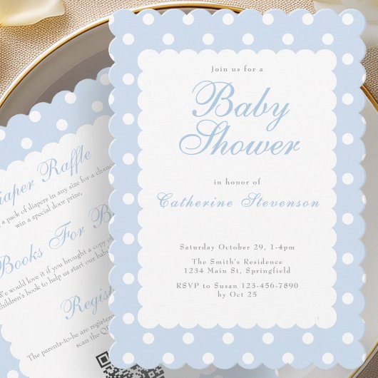 Double Sided Dusty Blue Dot Baby Shower Invitation 招待状