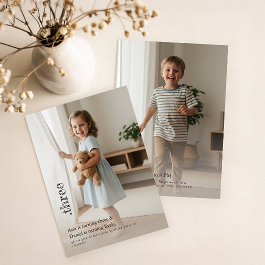 Double Sided Joint Photo Birthday Party Boy Girl 招待状