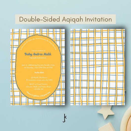 Double-Sided White Yellow Bright Plaid Hand-Drawn 招待状
