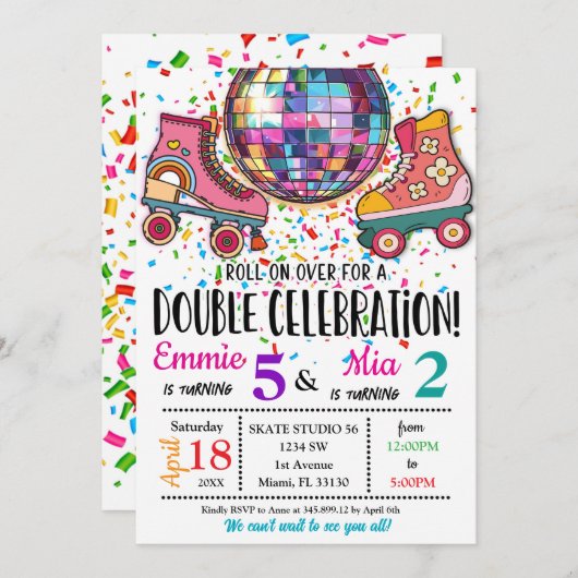 Double Sisters Bdays Celebration Roller Skating  招待状 (正面/裏面)
