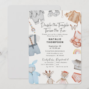 Double the Trouble Twins Boy Girl Baby Shower 招待状