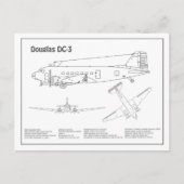 Douglas DC-3 – 飛行機の設計図スケッチ計画BD ポストカード (正面)