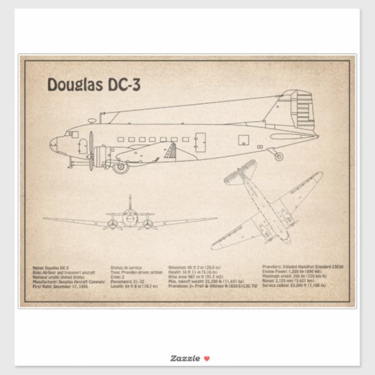 Douglas DC-3 – 飛行機の設計図スケッチ計画SD シール (シート)