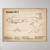 Douglas DC-3 – 飛行機の設計図スケッチ計画SD ポスター (正面)
