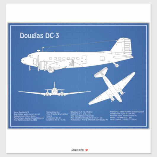 Douglas DC-3 – 飛行機設計図スケッチ計画ABD シール (シート)
