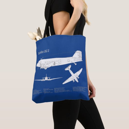 Douglas DC-3 – 飛行機設計図スケッチ計画ABD トートバッグ (クローズアップ)
