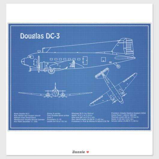Douglas DC-3 – 飛行機設計図スケッチ計画AD シール (シート)
