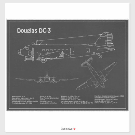 Douglas DC-3 – 飛行機設計図スケッチ計画PD シール (シート)