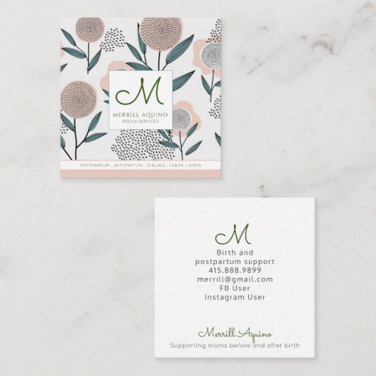 Doulaはモノグラムと手描きの花柄を整備します スクエア名刺 (正面/裏面)