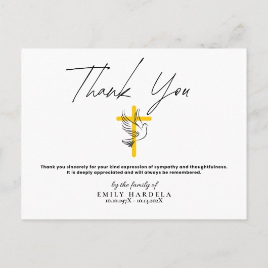 Doveとクロス葬儀シンプルのスクリプ感謝していトカード ポストカード (裏面)