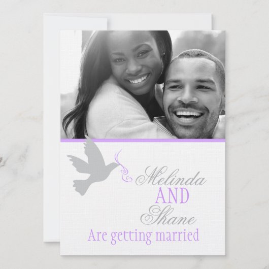 Dove紫色のリボンカップルの写真結婚式招待状 招待状 (正面)