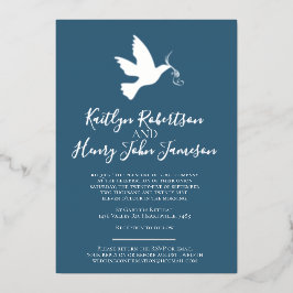 Dove金ゴールドブルーシンプルグ結婚レイのカスタム写真 箔招待状