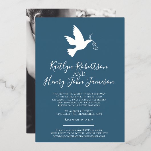 Dove金ゴールドブルーシンプルグ結婚レイのカスタム写真 箔招待状 (正面/裏面)