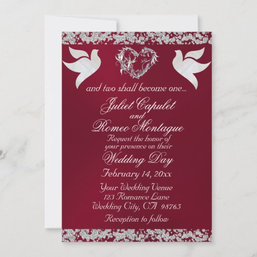 Dove、シルバーハート&グリッター、QRコード – Burgudy 招待状 (正面)