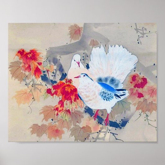 Dove in Autumn Leaves, Watanabe Seitei ポスター (正面)