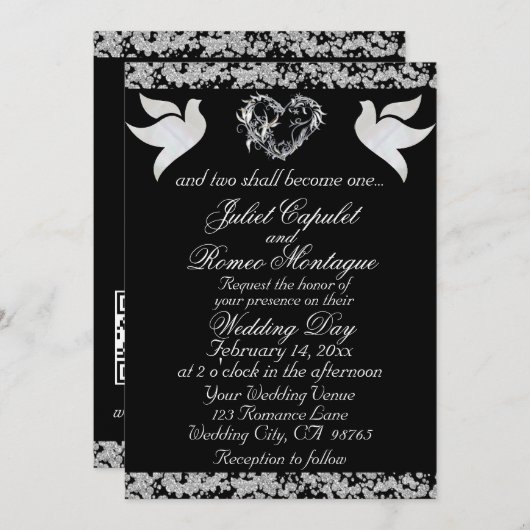 Dove, Silver Heart & Glitter, QR Code - Black 招待状 (正面/裏面)