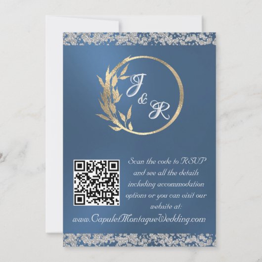 Dove, Silver Heart & Glitter, QR Code - Blue 招待状 (裏面)