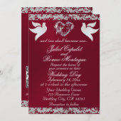 Dove, Silver Heart & Glitter, QR Code - Burgudy 招待状 (正面/裏面)