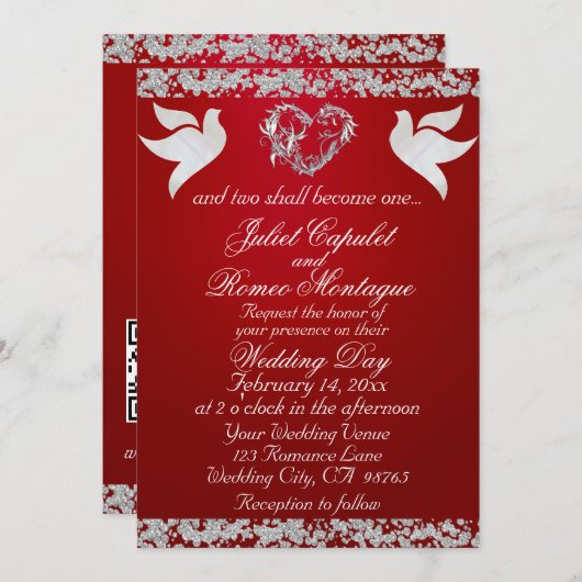 Dove, Silver Heart & Glitter, QR Code - Crimson 招待状 (正面/裏面)