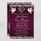 Dove, Silver Heart & Glitter, QR Code - Purple 招待状 (正面/裏面)